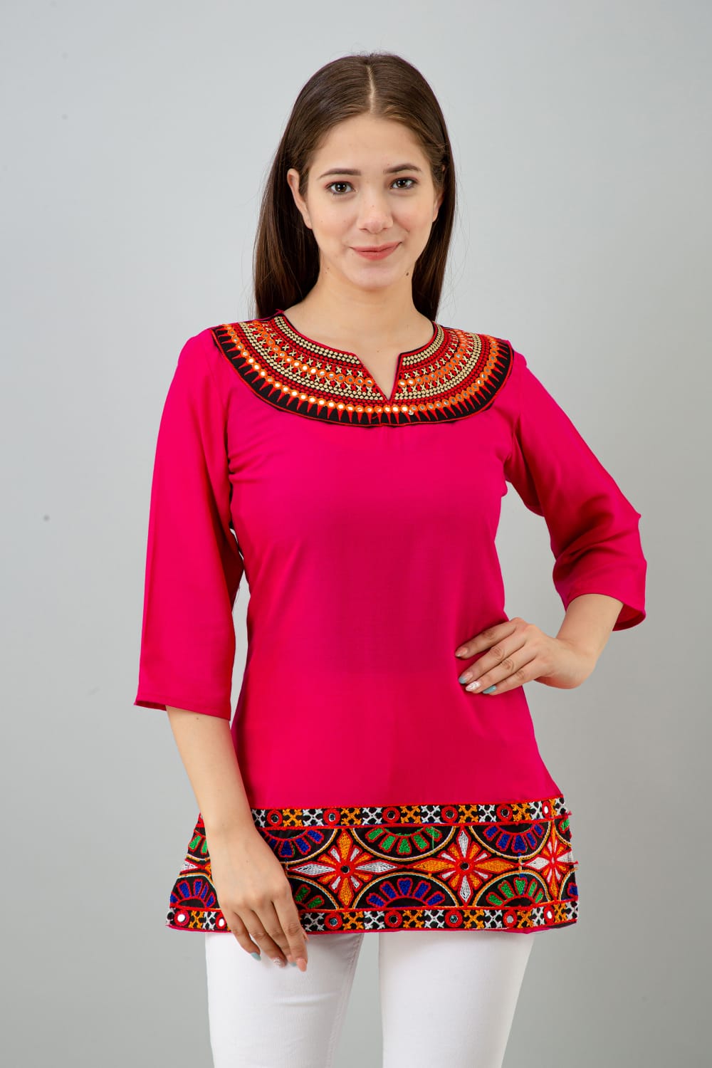 Women’s Pink Embroidered Rayon Short Kurti | Ethnic Mirror Work Tunic Top for Casual &amp; Festive Wear